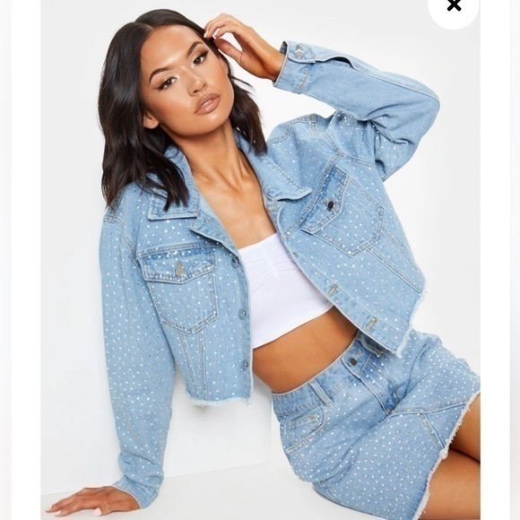 PrettyLittleThing Jackets & Blazers - Pretty Little Thing Light Wash Diamante Denim Jacket